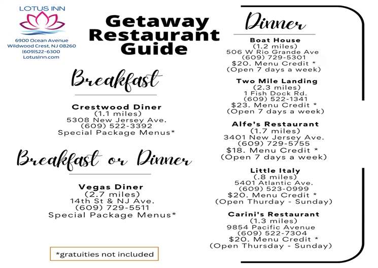 Sample * Restaurant choices for packages